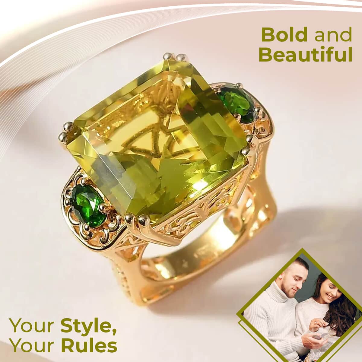 Brazilian Green Gold Quartz Ring, Chrome Diopside Accent Ring, Vermeil Yellow Gold Over Sterling Silver Ring, Three Stone Ring, Fashion Ring 28.25 ctw image number 1