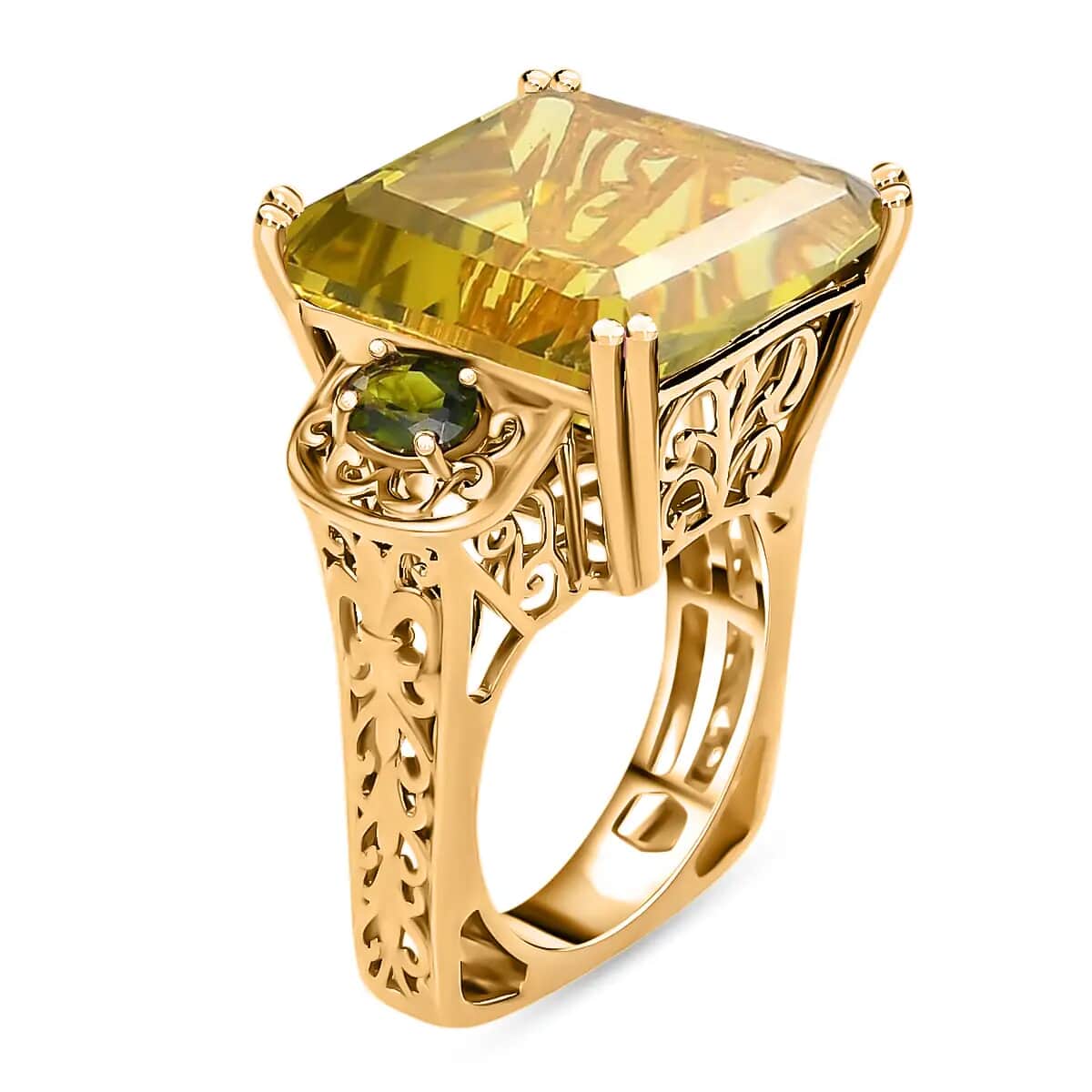 Brazilian Green Gold Quartz Ring, Chrome Diopside Accent Ring, Vermeil Yellow Gold Over Sterling Silver Ring, Three Stone Ring, Fashion Ring 28.25 ctw image number 3