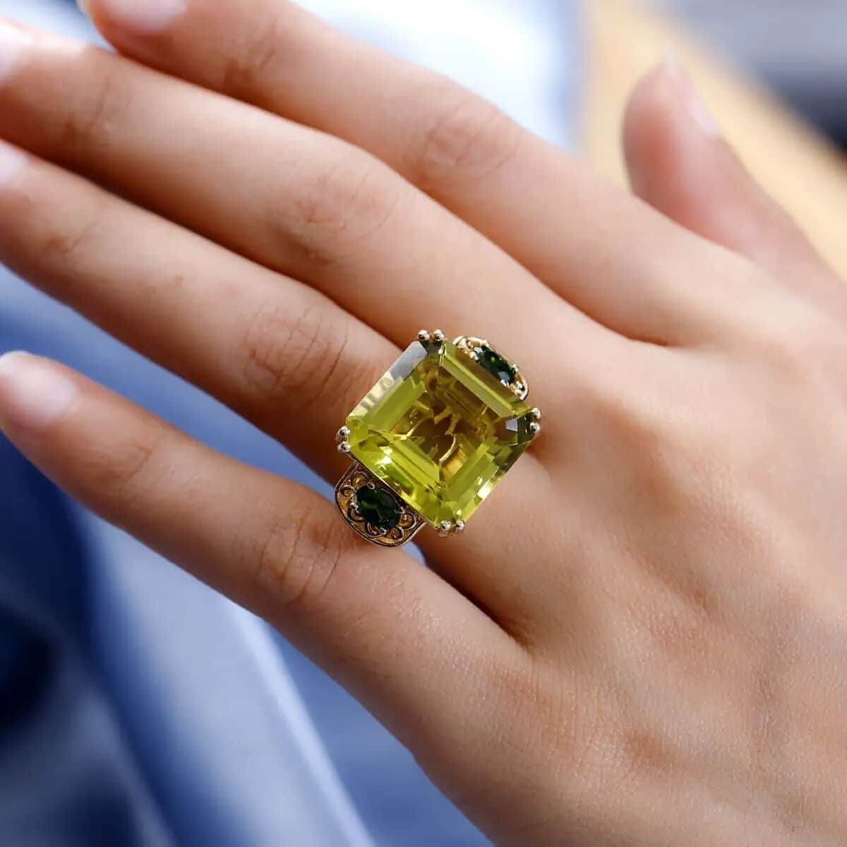 Brazilian Green Gold Quartz Ring, Chrome Diopside Accent Ring, Vermeil Yellow Gold Over Sterling Silver Ring, Three Stone Ring, Fashion Ring 28.25 ctw image number 5