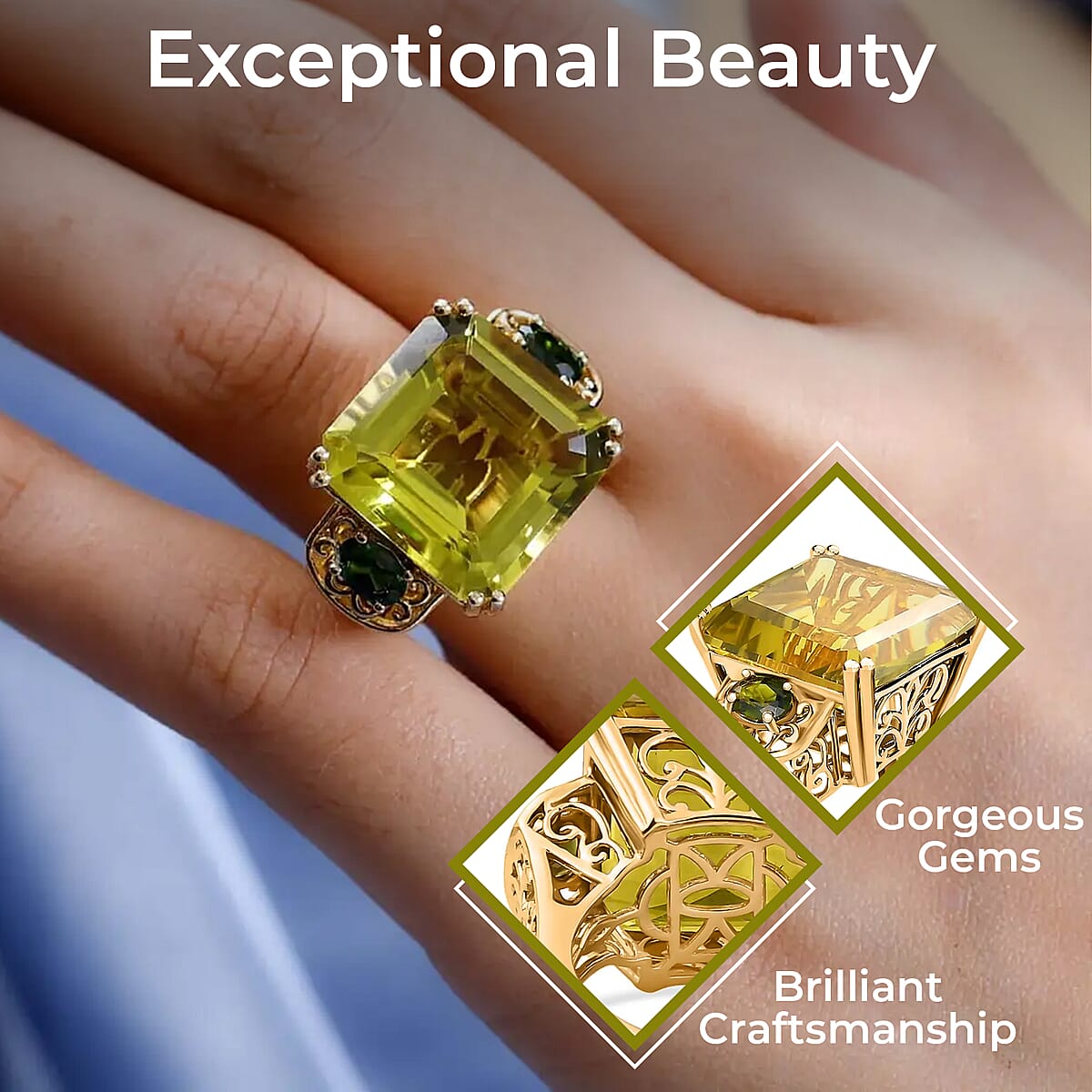 Brazilian Green Gold Quartz Ring, Chrome Diopside Accent Ring, Vermeil Yellow Gold Over Sterling Silver Ring, Three Stone Ring, Fashion Ring 29.75 ctw (Size 9) image number 2