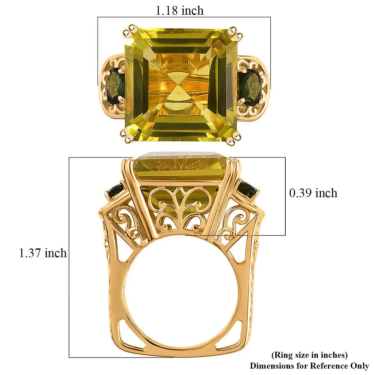 Brazilian Green Gold Quartz Ring, Chrome Diopside Accent Ring, Vermeil Yellow Gold Over Sterling Silver Ring, Three Stone Ring, Fashion Ring 29.75 ctw (Size 9) image number 6