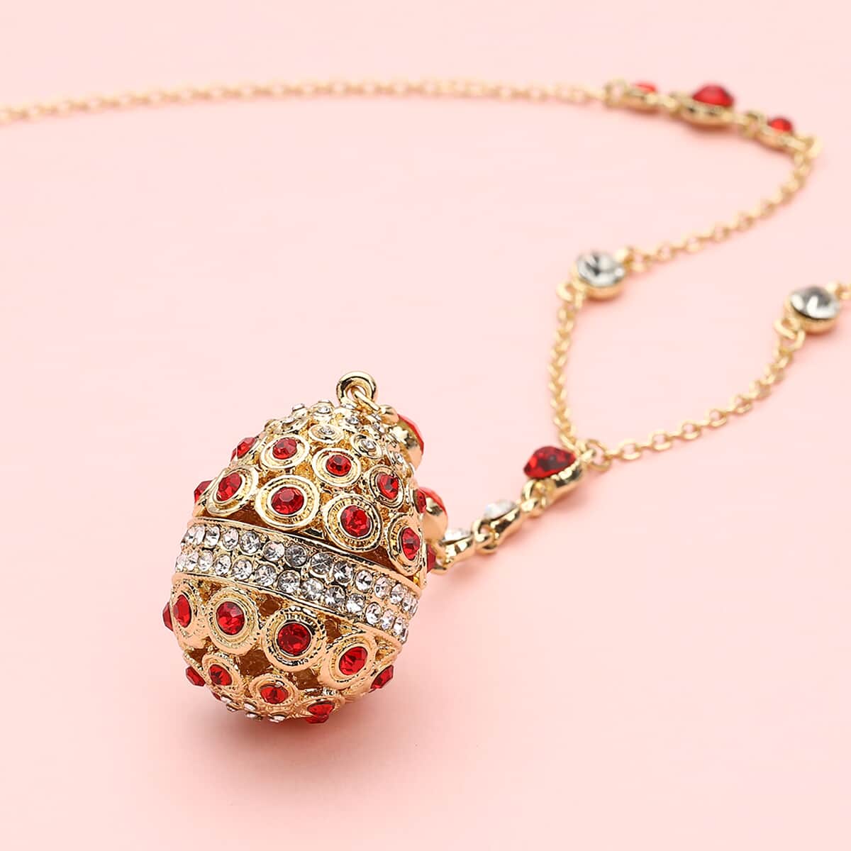 Red and White Austrian Crystal Easter Egg Necklace 23.5 Inches in Goldtone image number 1