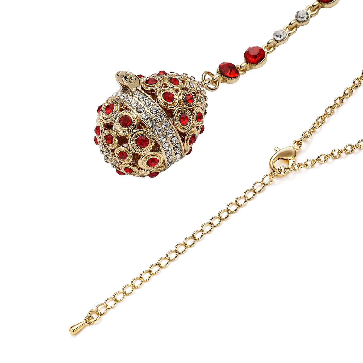 Red and White Austrian Crystal Easter Egg Necklace 23.5 Inches in Goldtone image number 2