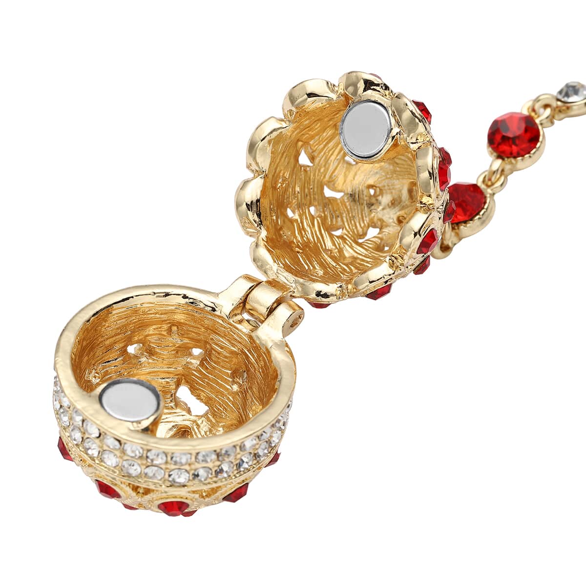 Red and White Austrian Crystal Easter Egg Necklace 23.5 Inches in Goldtone image number 3