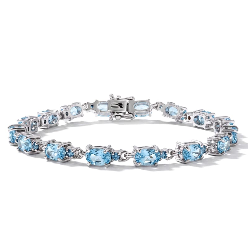 Premium Cambodian Blue Zircon and Luxuriant Lab Grown Blue Diamond IR SI 15.85 ctw Blue Fire Endless Waves Bracelet in Rhodium Over Sterling Silver (6.50 In)