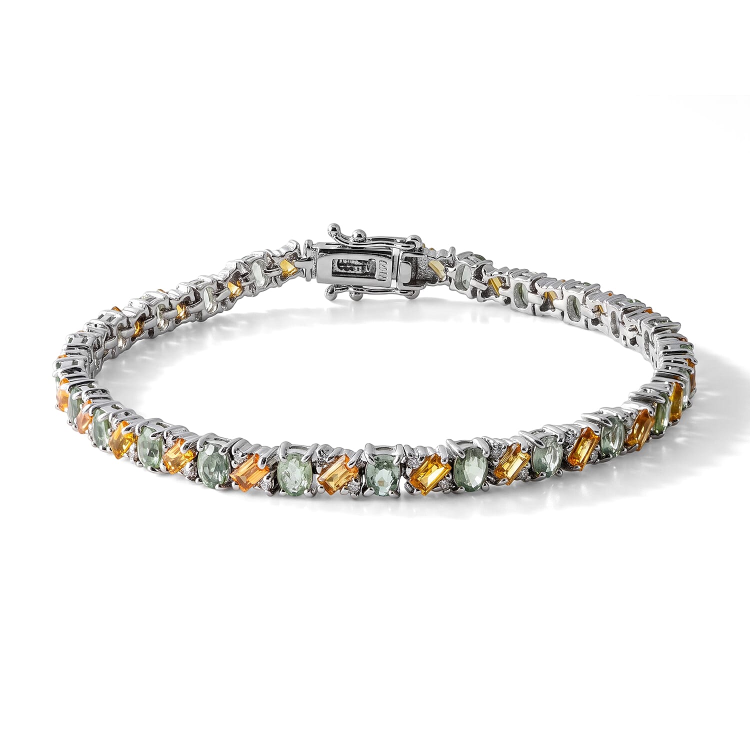 D'Joy Premium Sapucaia Green Sapphire, Yellow Sapphire and Moissanite 8.90 ctw The Verdant Rhythm Bracelet in Rhodium Over Sterling Silver (6.50 In)