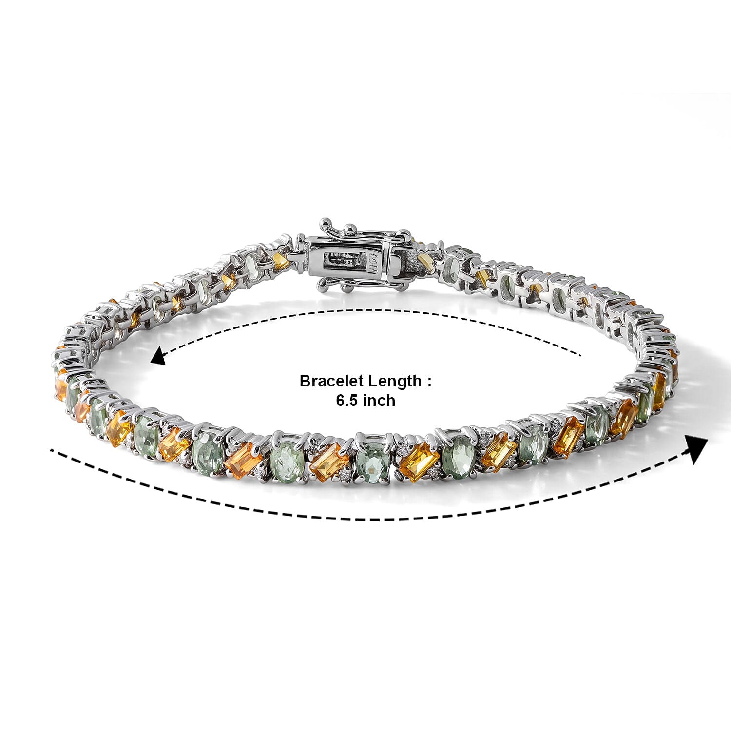 D'Joy Premium Sapucaia Green Sapphire, Yellow Sapphire and Moissanite 8.90 ctw The Verdant Rhythm Bracelet in Rhodium Over Sterling Silver (6.50 In)