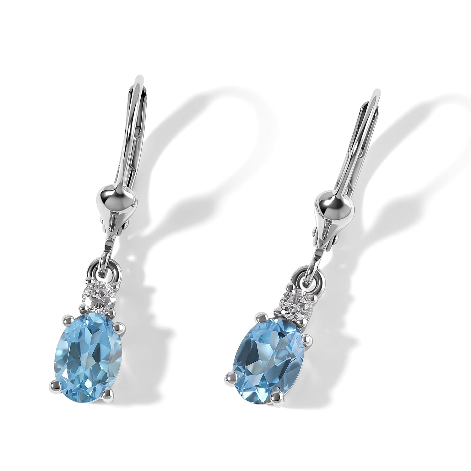 Premium Swiss Blue Topaz and Luxuriant Lab Grown Diamond 2.00 ctw Solitaire Lever Back Earrings in Rhodium Over Sterling Silver