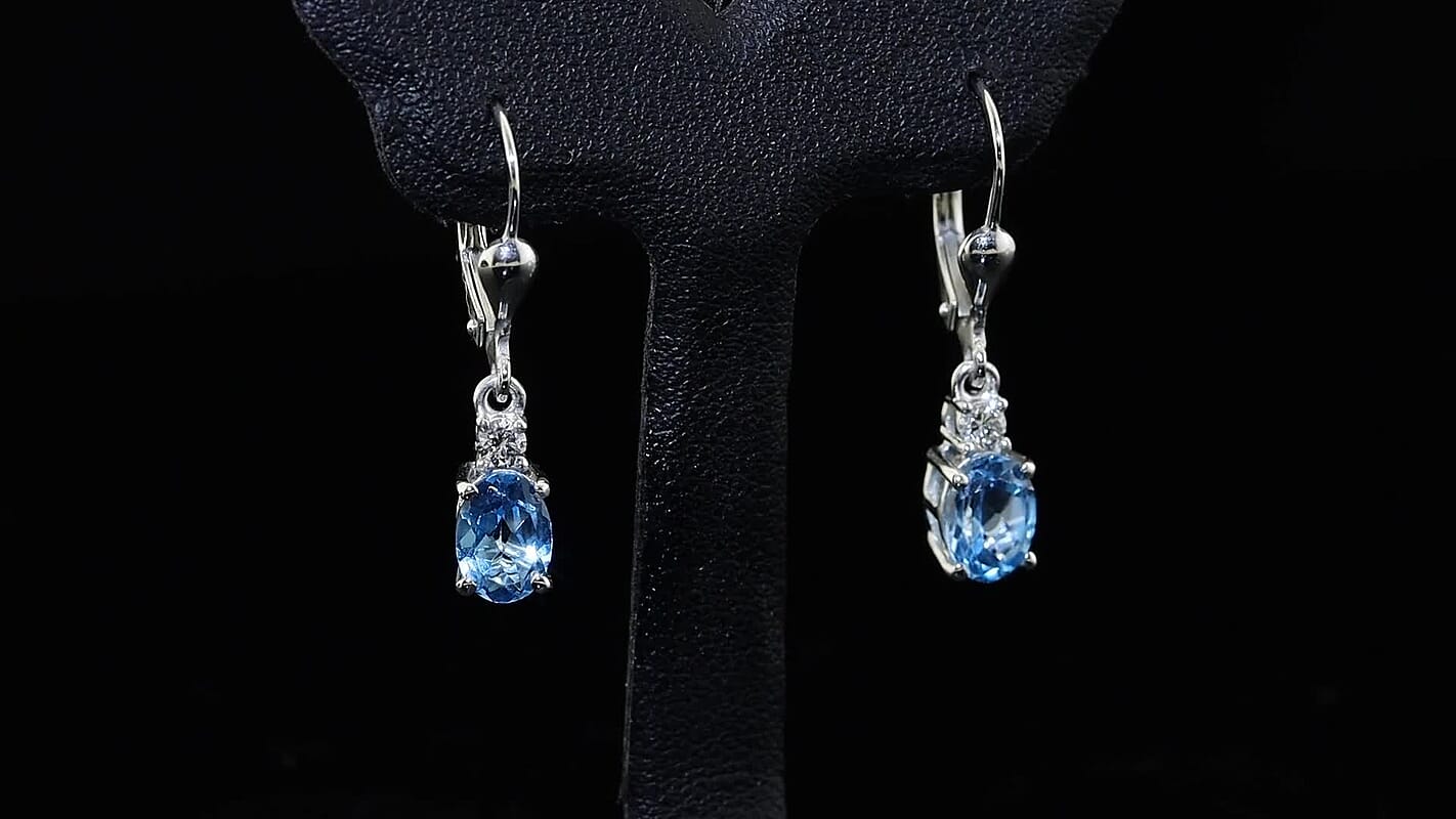 Premium Swiss Blue Topaz and Luxuriant Lab Grown Diamond 2.00 ctw Solitaire Lever Back Earrings in Rhodium Over Sterling Silver