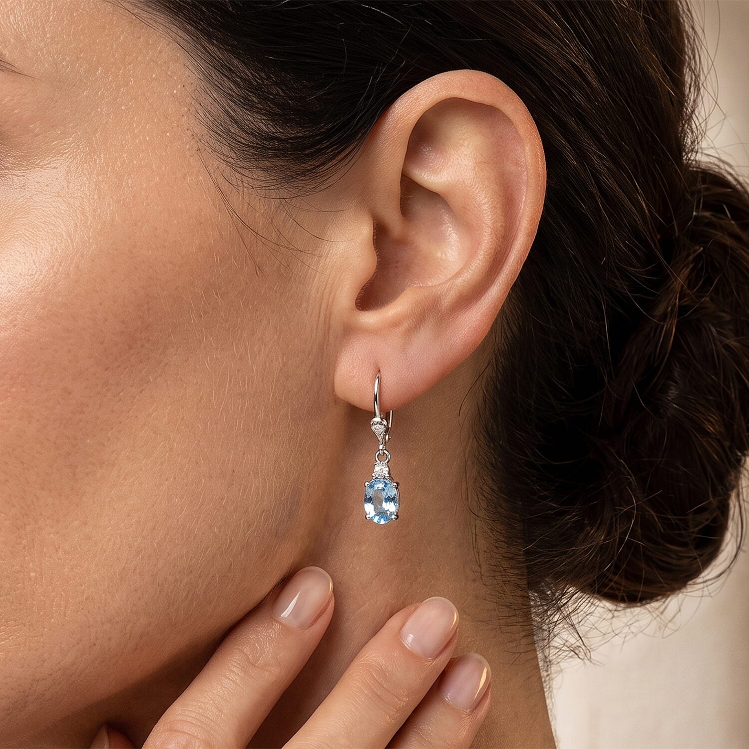Premium Swiss Blue Topaz and Luxuriant Lab Grown Diamond 2.00 ctw Solitaire Lever Back Earrings in Rhodium Over Sterling Silver