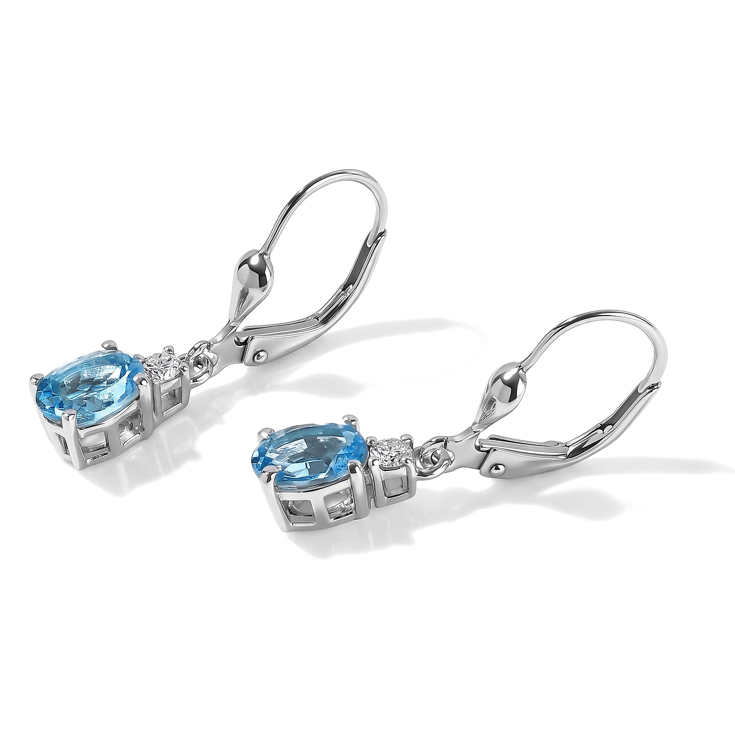 Premium Swiss Blue Topaz and Luxuriant Lab Grown Diamond 2.00 ctw Solitaire Lever Back Earrings in Rhodium Over Sterling Silver