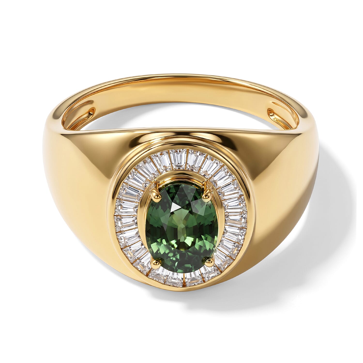 D'Joy Premium Green Sapphire and Moissanite 2.25 ctw Men's Ring in 18K Vermeil Yellow Gold Over Sterling Silver (Size 10.0)