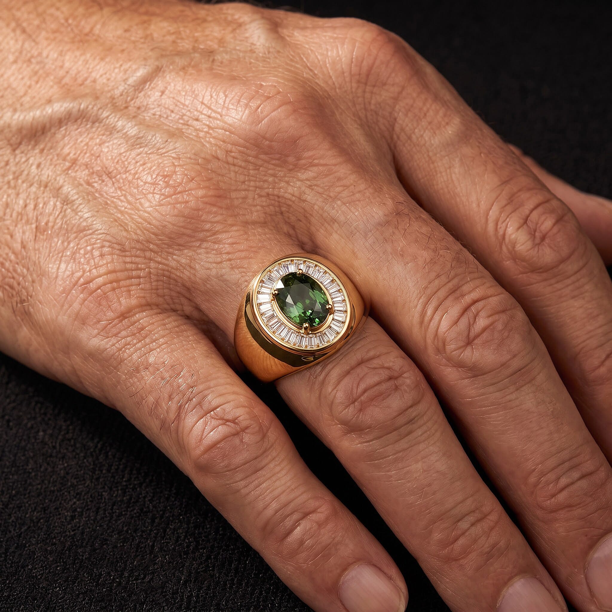 D'Joy Premium Green Sapphire and Moissanite 2.25 ctw Men's Ring in 18K Vermeil Yellow Gold Over Sterling Silver (Size 10.0)