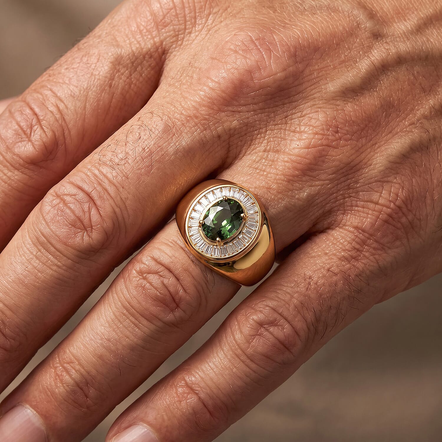 D'Joy Premium Green Sapphire and Moissanite 2.25 ctw Men's Ring in 18K Vermeil Yellow Gold Over Sterling Silver (Size 10.0)
