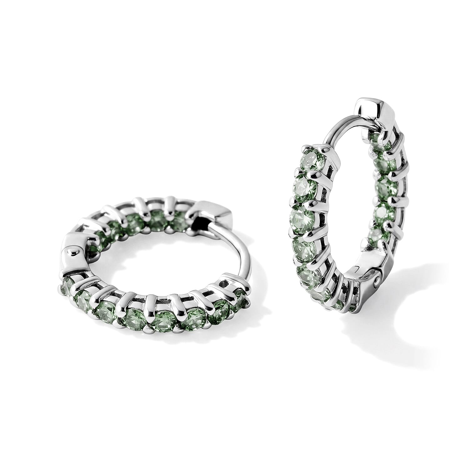 D'Joy Premium Green Sapphire 1.30 ctw Hoop Earrings in Rhodium Over Sterling Silver