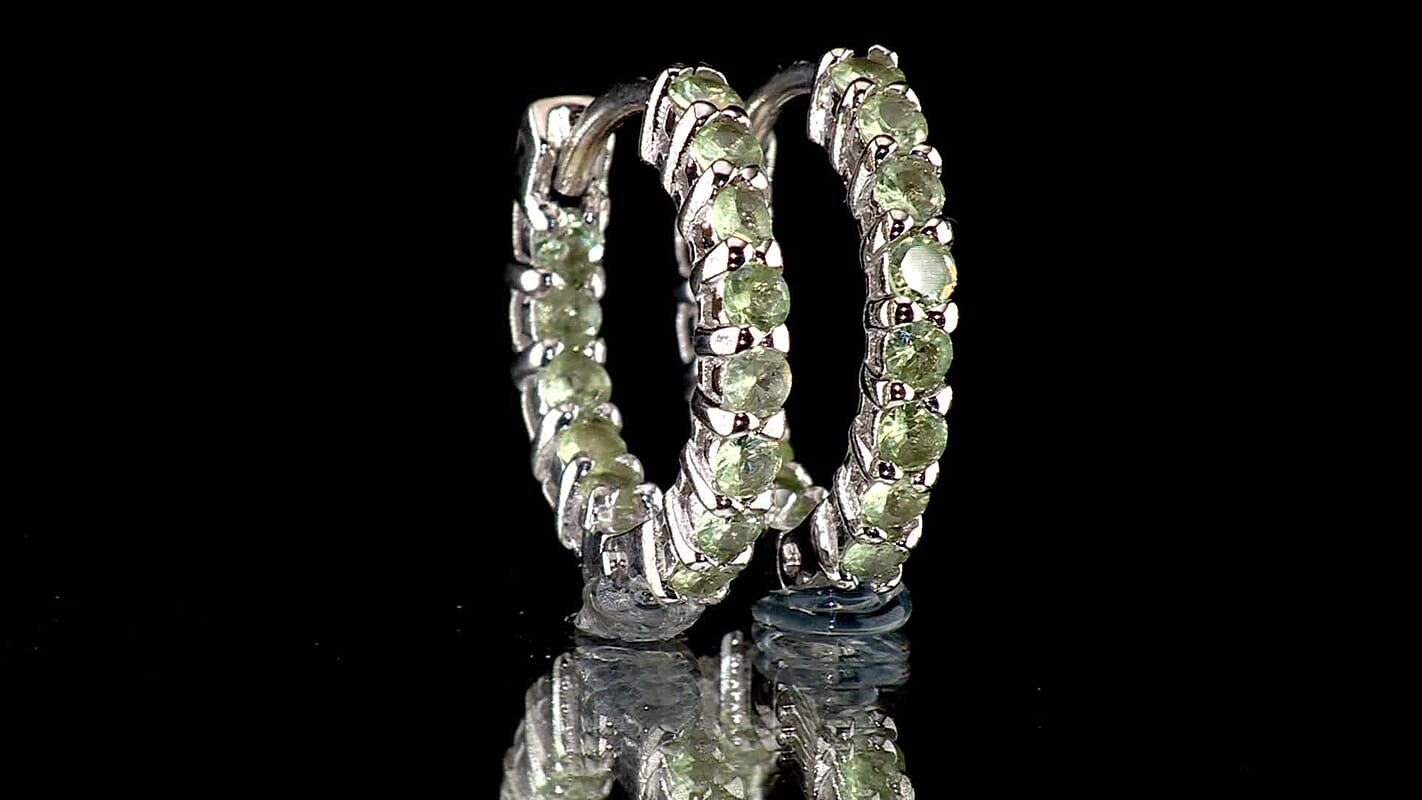 D''Joy Premium Green Sapphire Hoop Earrings in Rhodium Over Sterling Silver 1.30 ctw