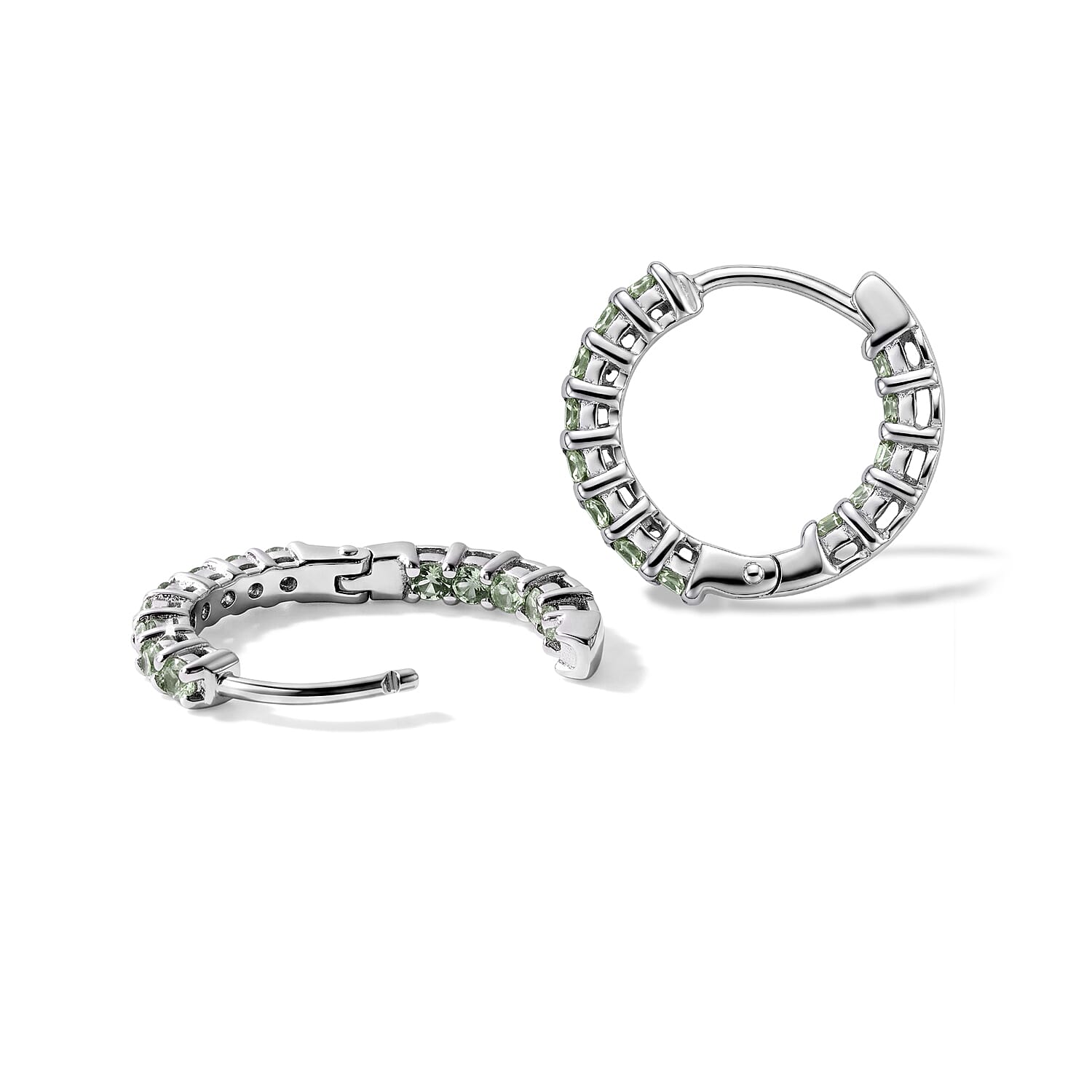 D'Joy Premium Green Sapphire 1.30 ctw Hoop Earrings in Rhodium Over Sterling Silver