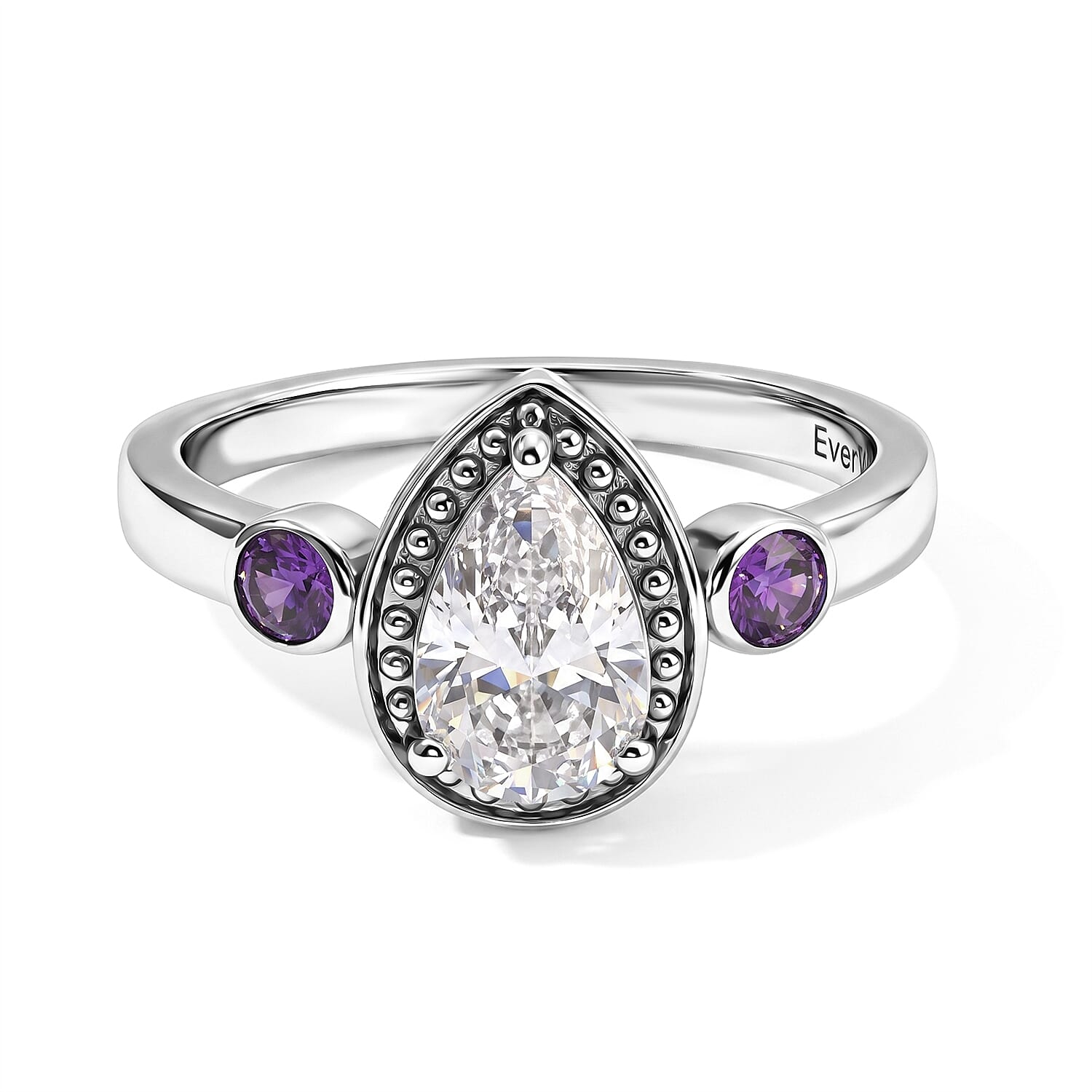 EverTrue Simulated White and Amethyst Color Diamond Halo of Elegance Ring in Stainless Steel (Size 5.0)