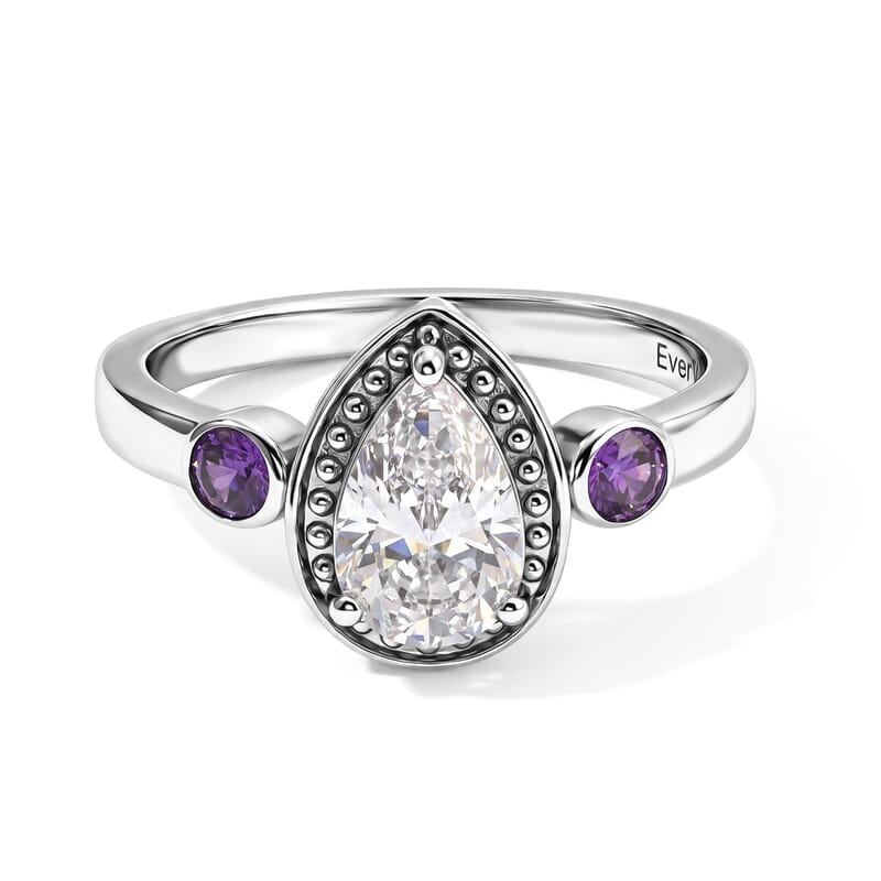 EverTrue Simulated White and Amethyst Color Diamond Halo of Elegance Ring in Stainless Steel (Size 5.0)