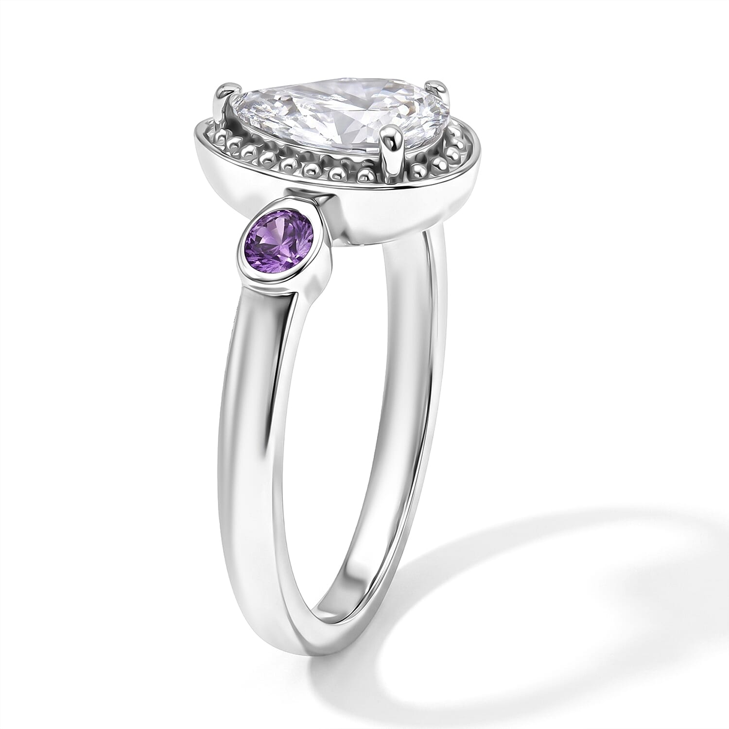 EverTrue Simulated White and Amethyst Color Diamond Halo of Elegance Ring in Stainless Steel (Size 5.0)
