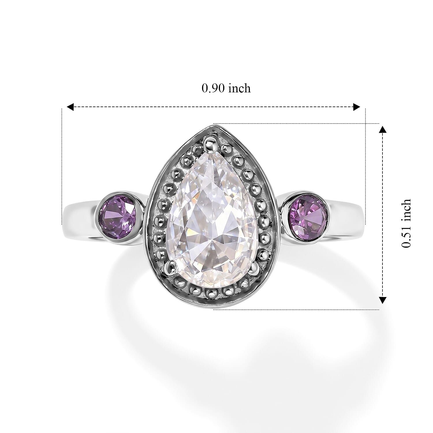 EverTrue Simulated White and Amethyst Color Diamond Halo of Elegance Ring in Stainless Steel (Size 5.0)