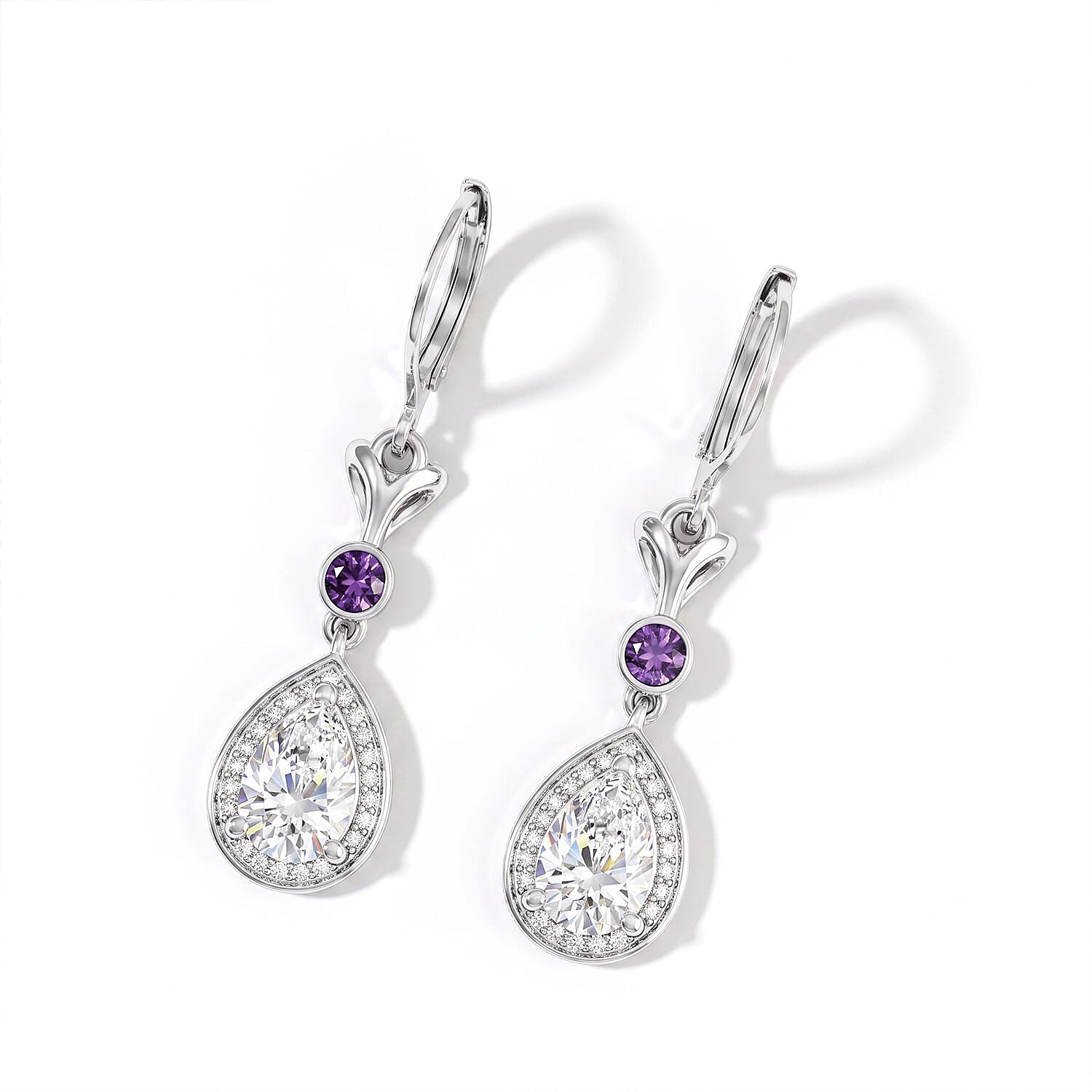 EverTrue Simulated White and Amethyst Color Diamond Lever Back Earrings in Stainless Steel