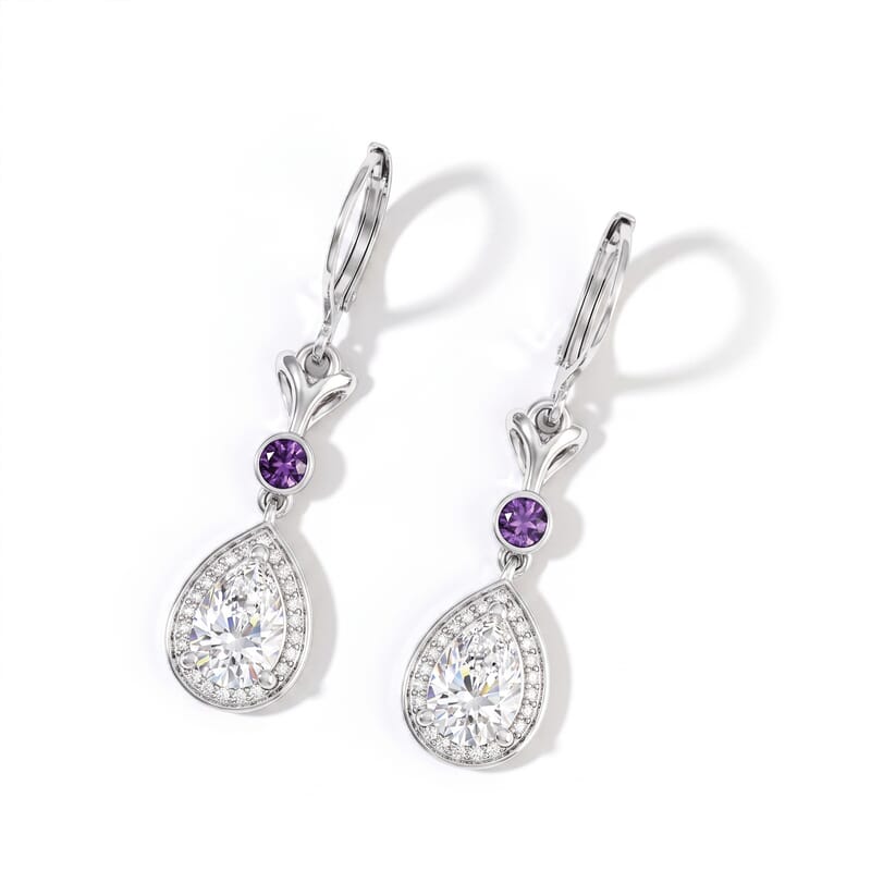 EverTrue Simulated White and Amethyst Color Diamond Lever Back Earrings in Stainless Steel
