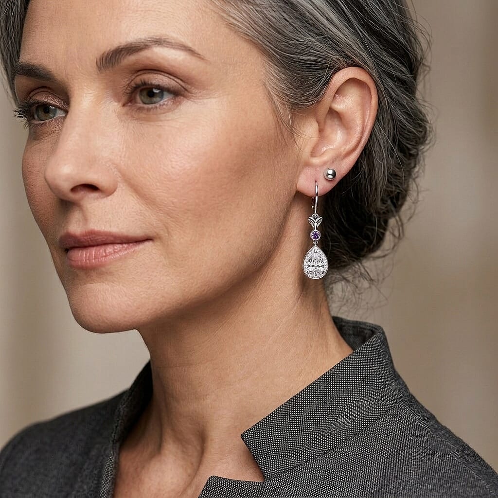 EverTrue Simulated White and Amethyst Color Diamond Lever Back Earrings in Stainless Steel
