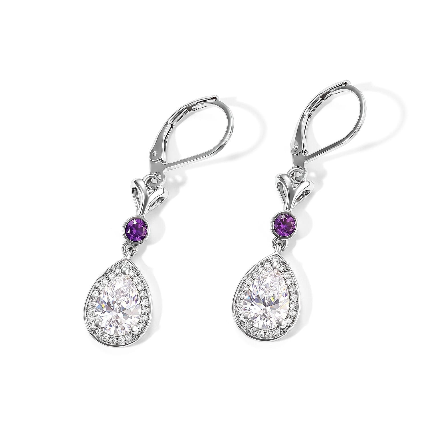 EverTrue Simulated White and Amethyst Color Diamond Lever Back Earrings in Stainless Steel