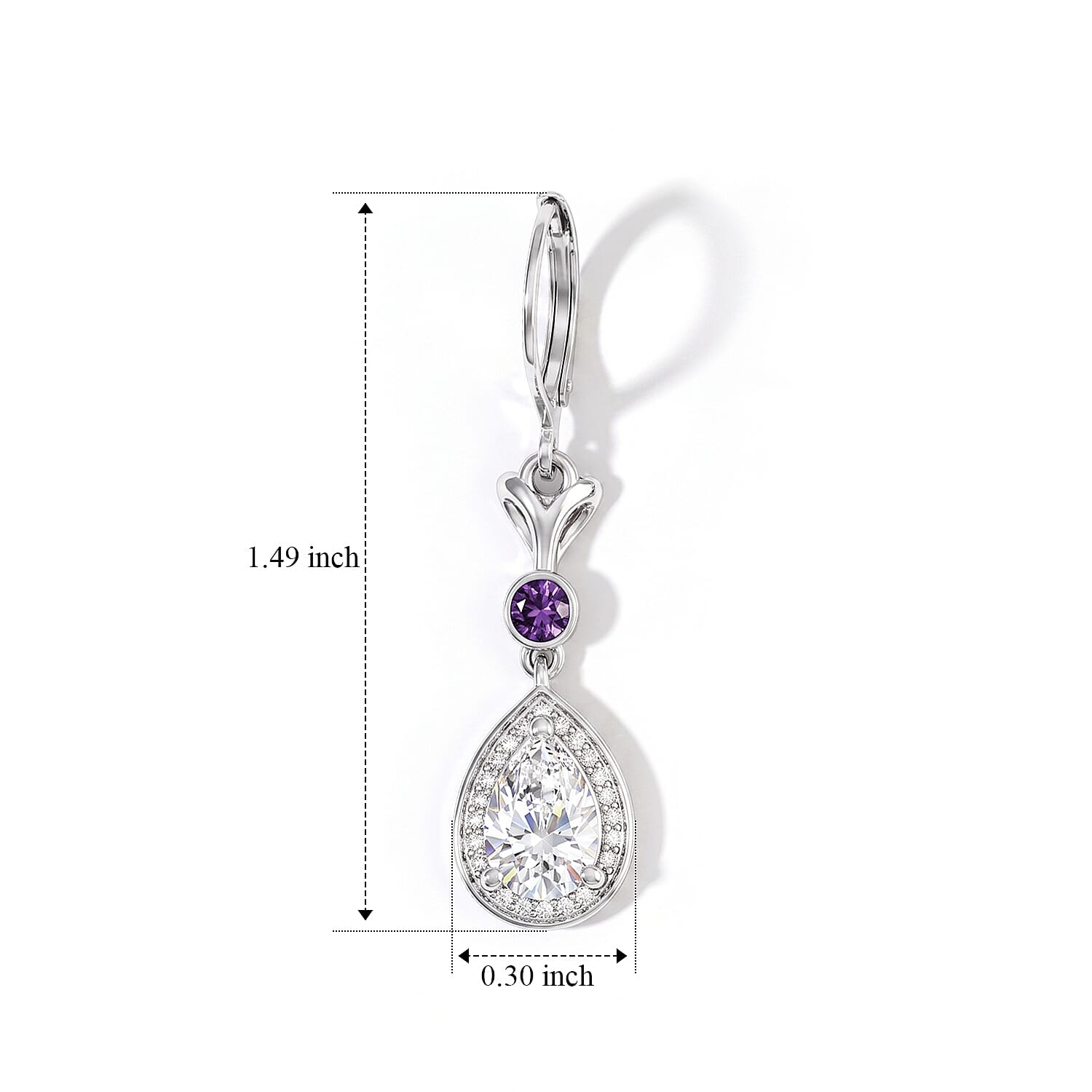 EverTrue Simulated White and Amethyst Color Diamond Lever Back Earrings in Stainless Steel