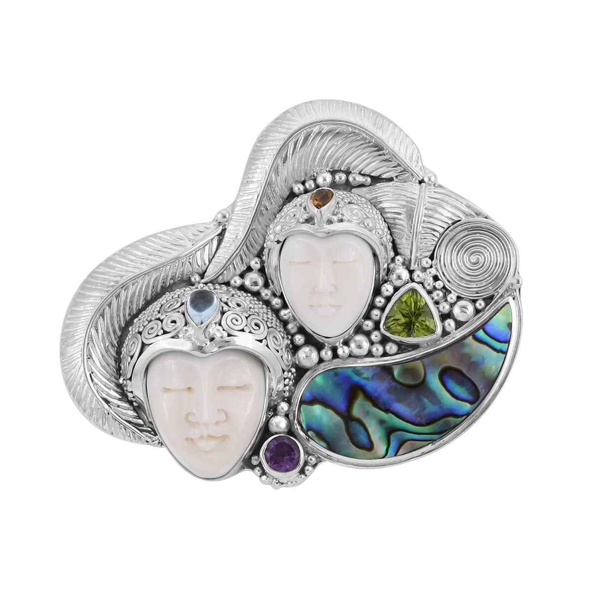 Sajen Silver Carved Bone and Multi Gemstone Brooch in Sterling Silver 2.50 ctw image number 0