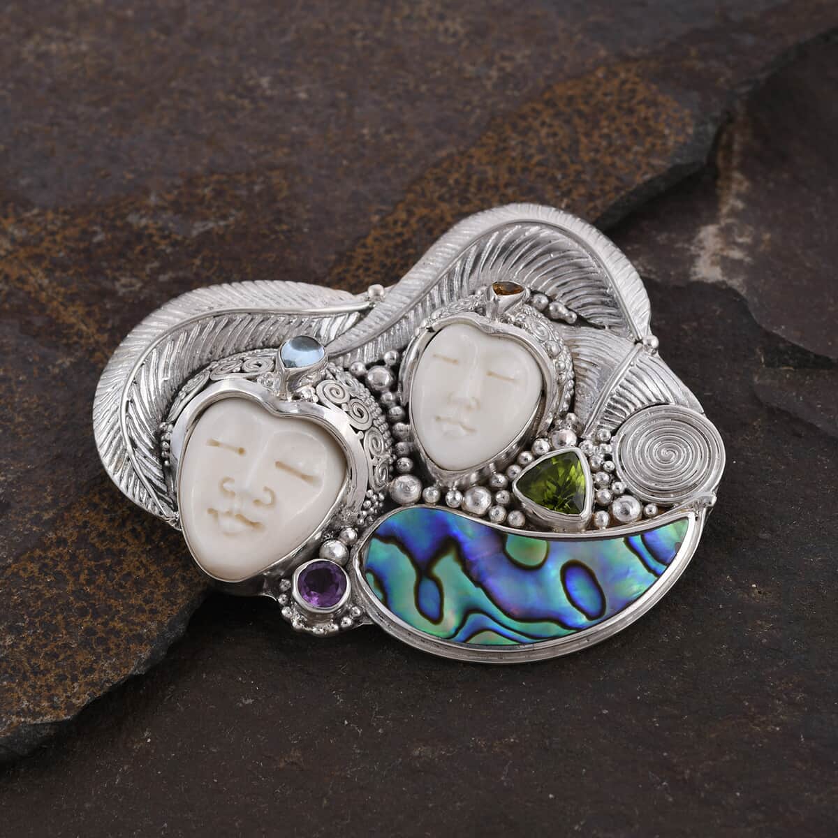 Sajen Silver Carved Bone and Multi Gemstone Brooch in Sterling Silver 2.50 ctw image number 1
