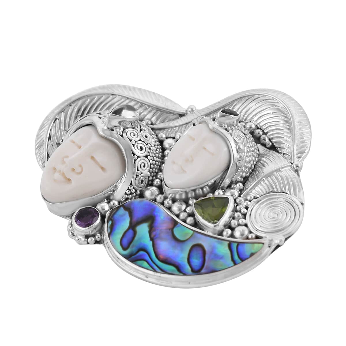 Sajen Silver Carved Bone and Multi Gemstone Brooch in Sterling Silver 2.50 ctw image number 2