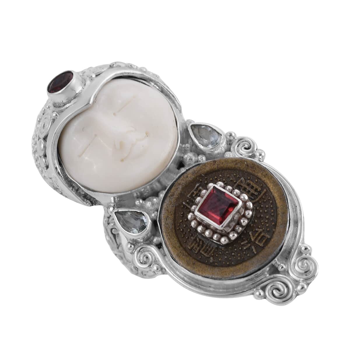 SAJEN SILVER Carved Bone and Multi Gemstone Coin Ring in Sterling Silver (Size 6.0) 13.80 Grams 1.20 ctw image number 0
