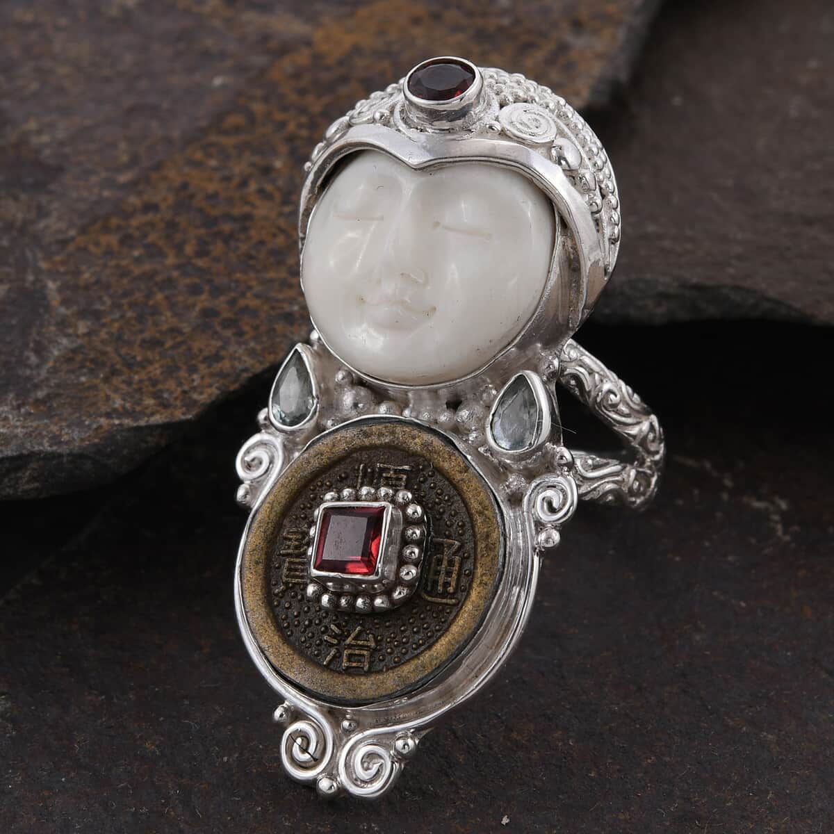 SAJEN SILVER Carved Bone and Multi Gemstone Coin Ring in Sterling Silver (Size 6.0) 13.80 Grams 1.20 ctw image number 1