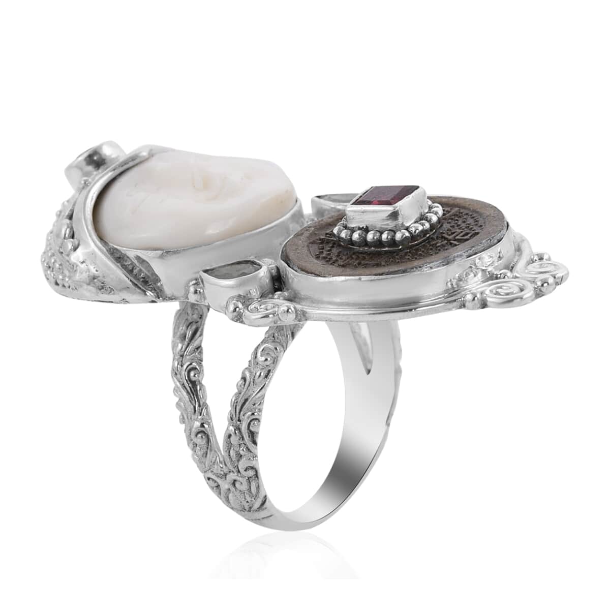 SAJEN SILVER Carved Bone and Multi Gemstone Coin Ring in Sterling Silver (Size 6.0) 13.80 Grams 1.20 ctw image number 2