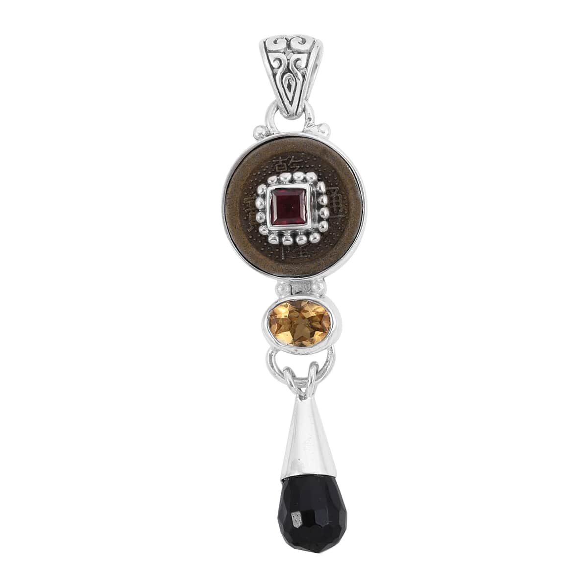 SAJEN SILVER Black Onyx and Multi Gemstone Coin Pendant in Sterling Silver 3.15 ctw image number 0