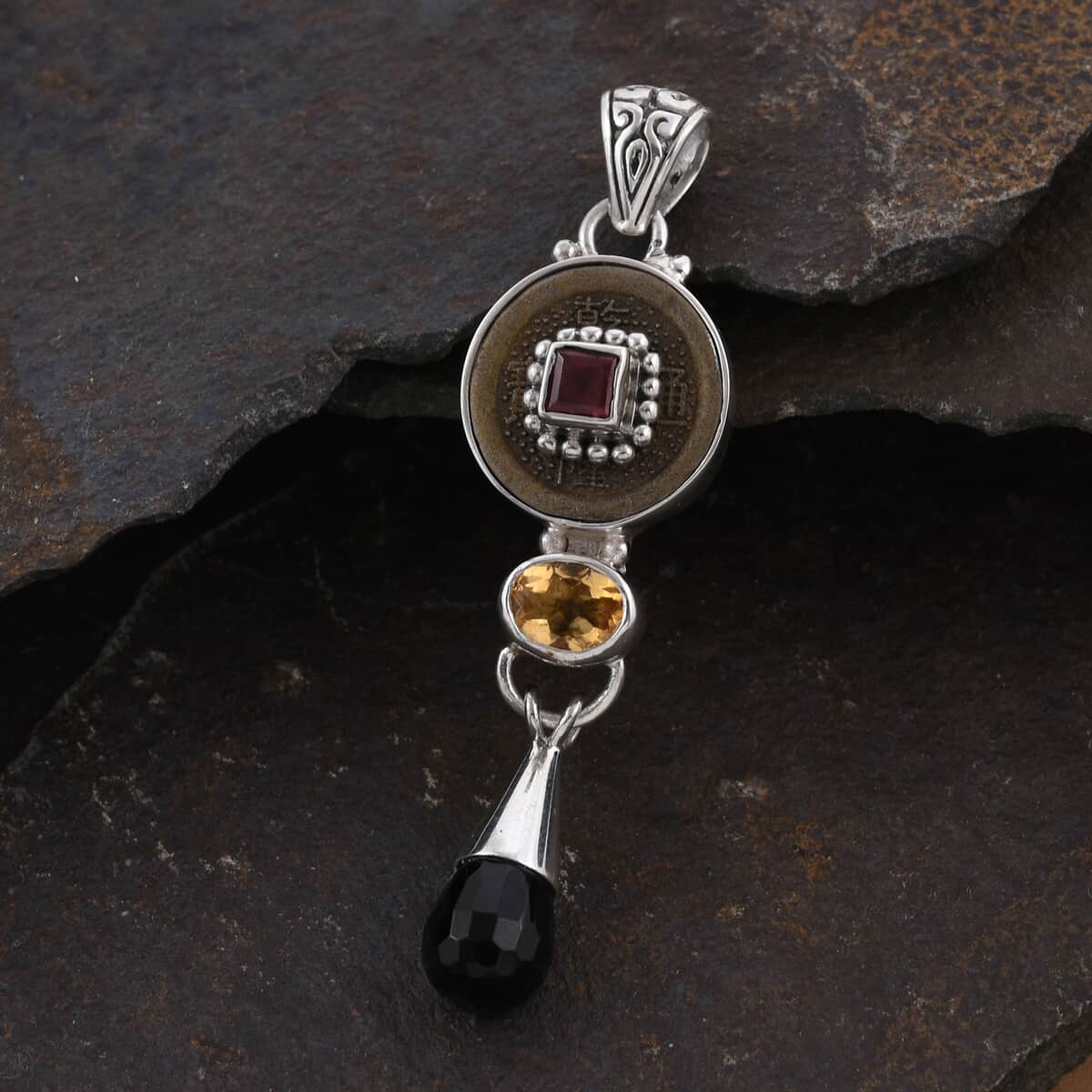 SAJEN SILVER Black Onyx and Multi Gemstone Coin Pendant in Sterling Silver 3.15 ctw image number 1