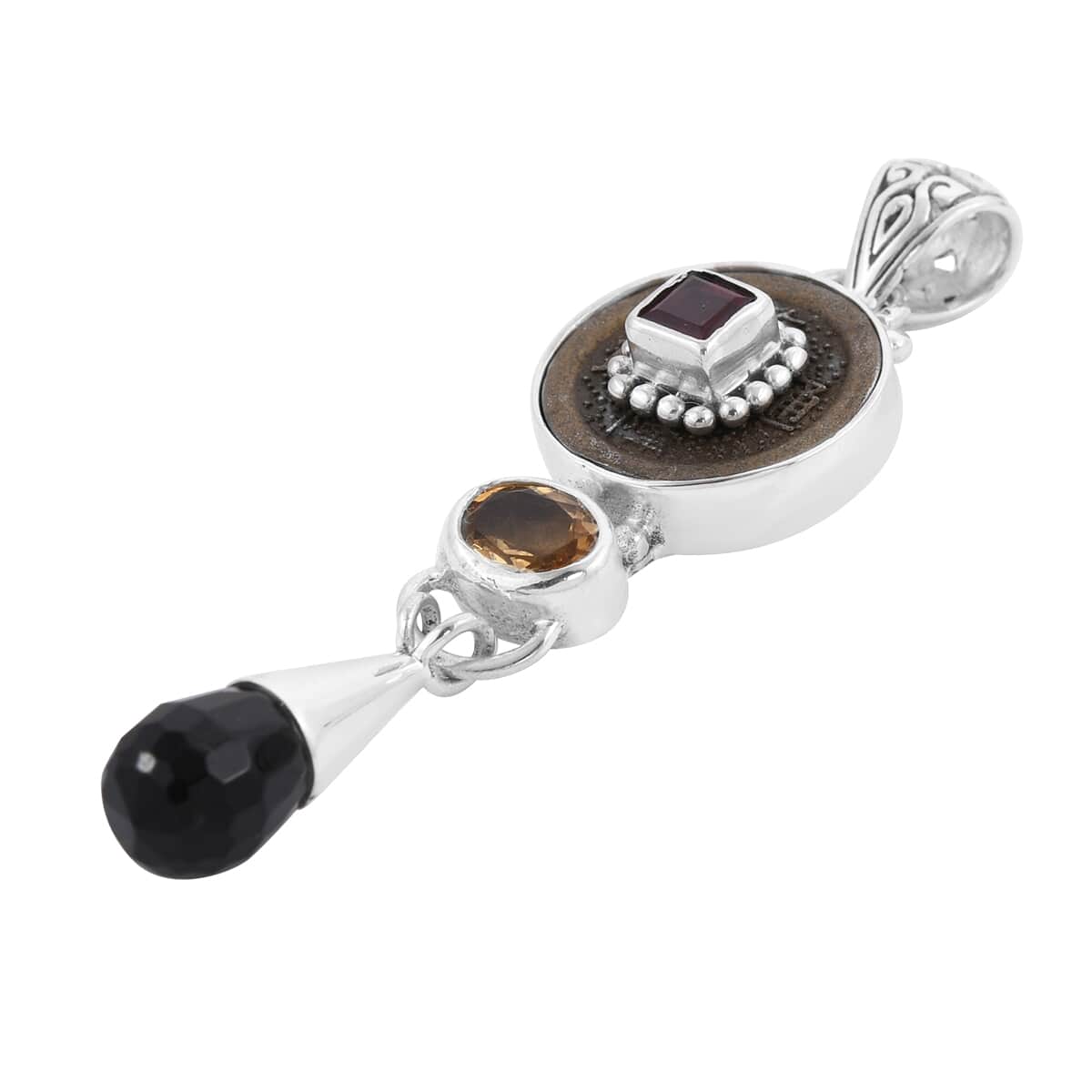 SAJEN SILVER Black Onyx and Multi Gemstone Coin Pendant in Sterling Silver 3.15 ctw image number 2