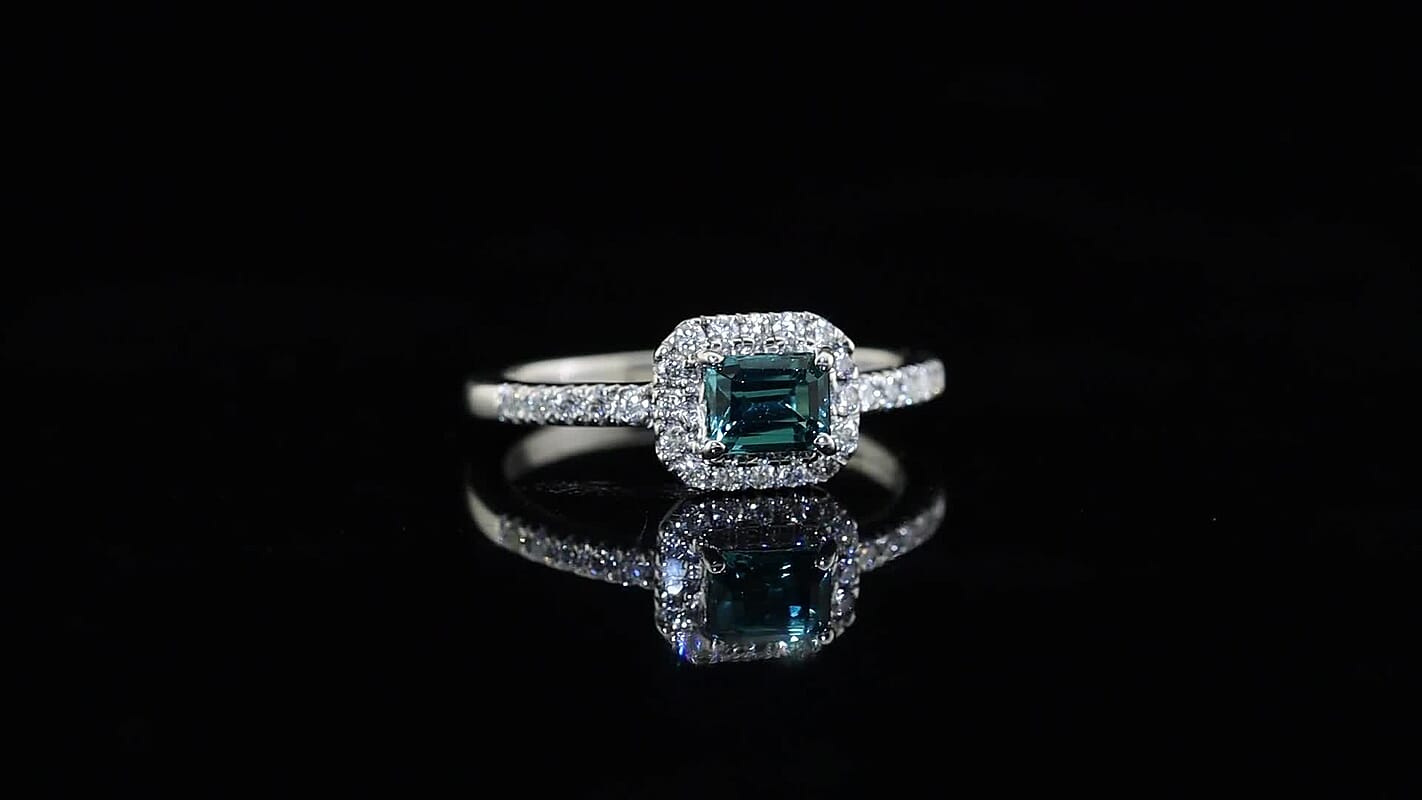 D'Joy AAAA Monte Belo Indicolite, Moissanite Classic Halo Elegance Ring in Rhodium Over Sterling Silver (Size 9.0) 0.80 ctw