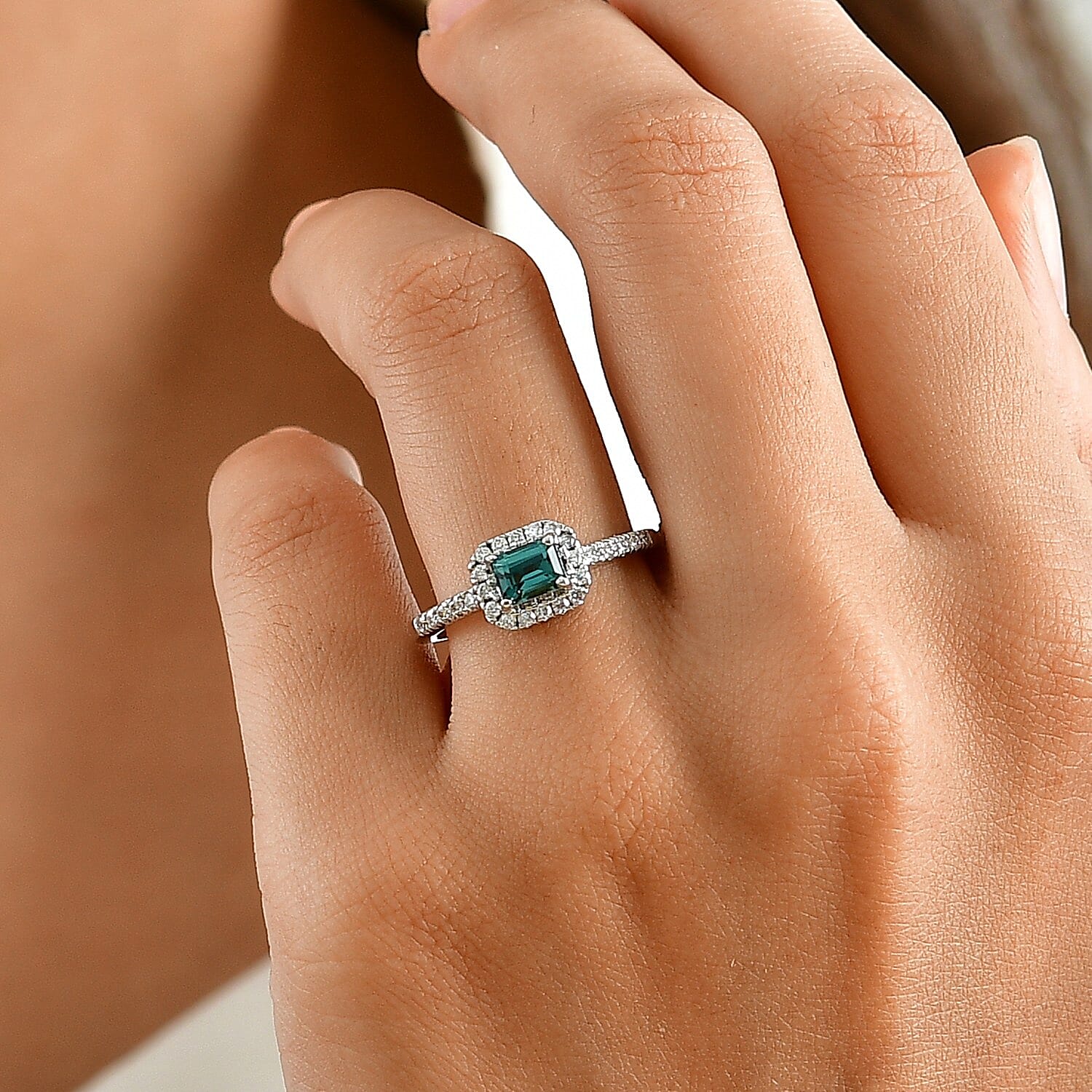 D'Joy AAAA Monte Belo Indicolite and Moissanite 0.80 ctw Classic Halo Elegance Ring in Rhodium Over Sterling Silver (Size 6.0)