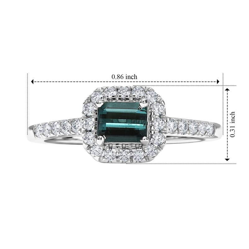 D'Joy AAAA Monte Belo Indicolite and Moissanite 0.80 ctw Classic Halo Elegance Ring in Rhodium Over Sterling Silver (Size 6.0)