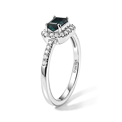 D'Joy AAAA Monte Belo Indicolite and Moissanite 0.80 ctw Classic Halo Elegance Ring in Rhodium Over Sterling Silver (Size 7.0)