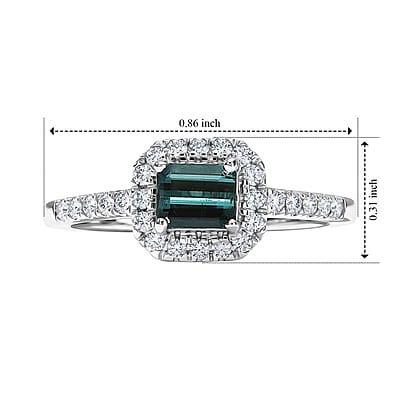 D'Joy AAAA Monte Belo Indicolite and Moissanite 0.80 ctw Classic Halo Elegance Ring in Rhodium Over Sterling Silver (Size 7.0)