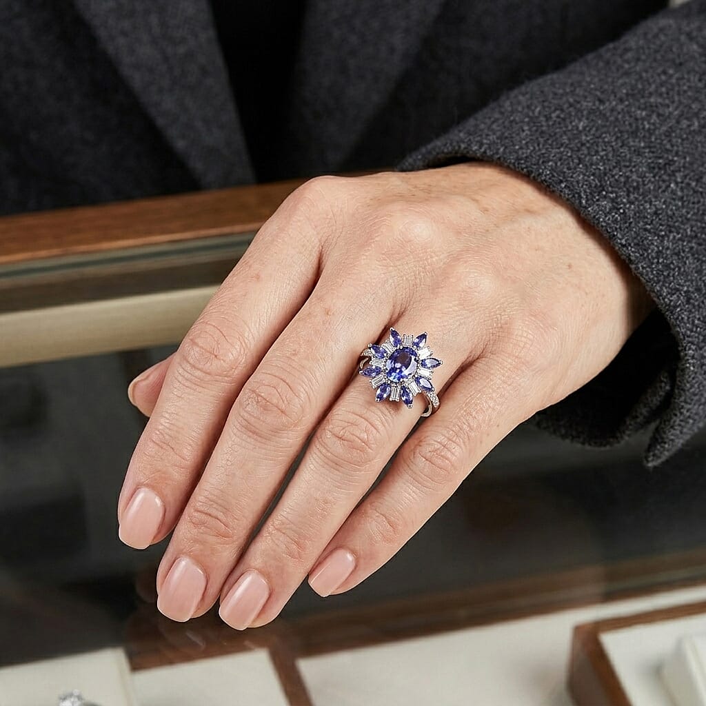 D'Joy Tanzanite and Moissanite 2.00 ctw Ring in Rhodium Over Sterling Silver (Size 6.0)