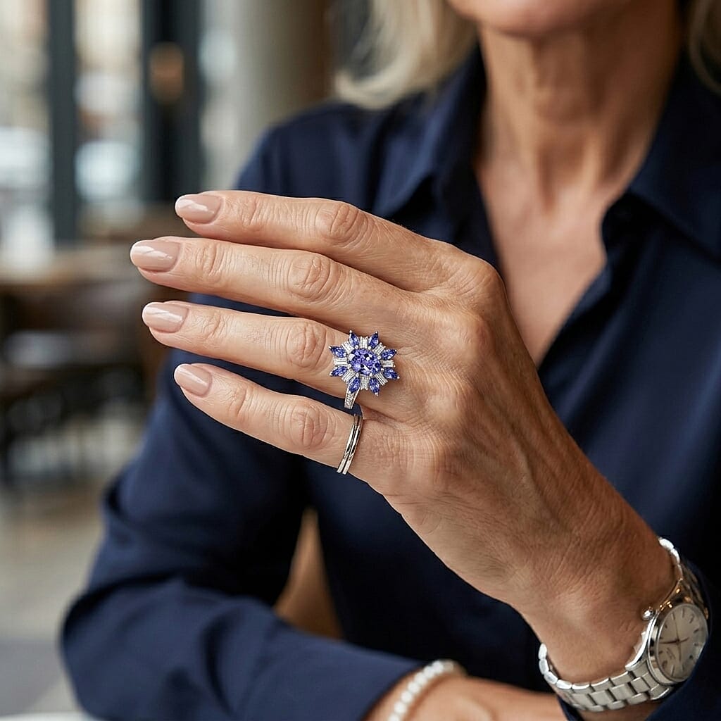 D'Joy Tanzanite and Moissanite 2.00 ctw Ring in Rhodium Over Sterling Silver (Size 6.0)