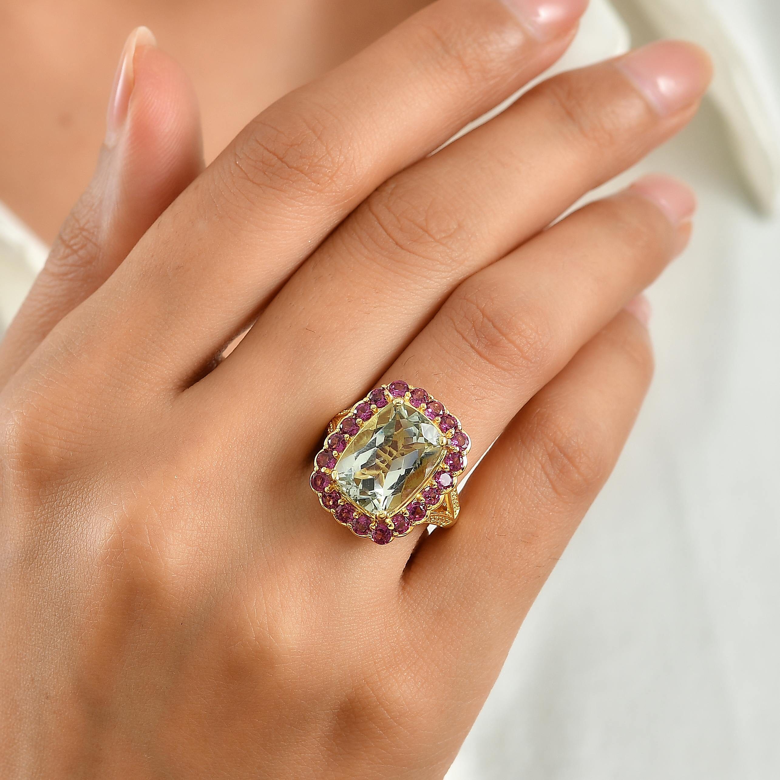EverTrue Premium Montezuma Prasiolite and Multi Gemstone 8.60 ctw Aurora Bloom Ring in 18K YG Plated (Size 6.0)
