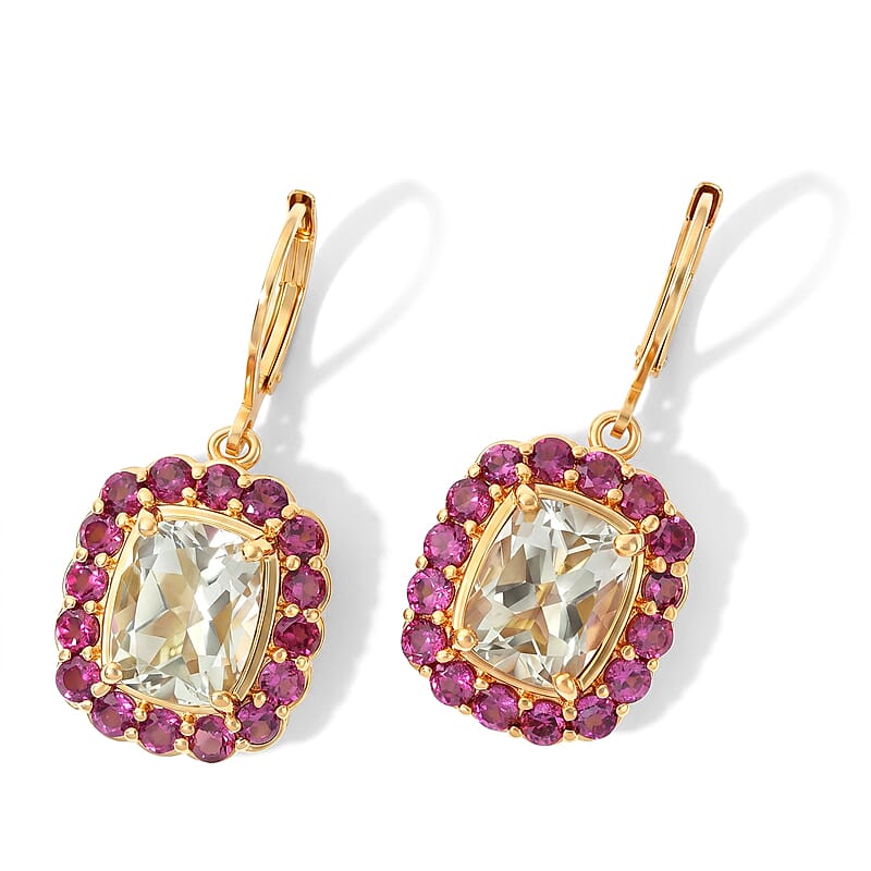 EverTrue Premium Montezuma Prasiolite and Orissa Rhodolite Garnet 8.25 ctw Earrings in 18K YG Plated
