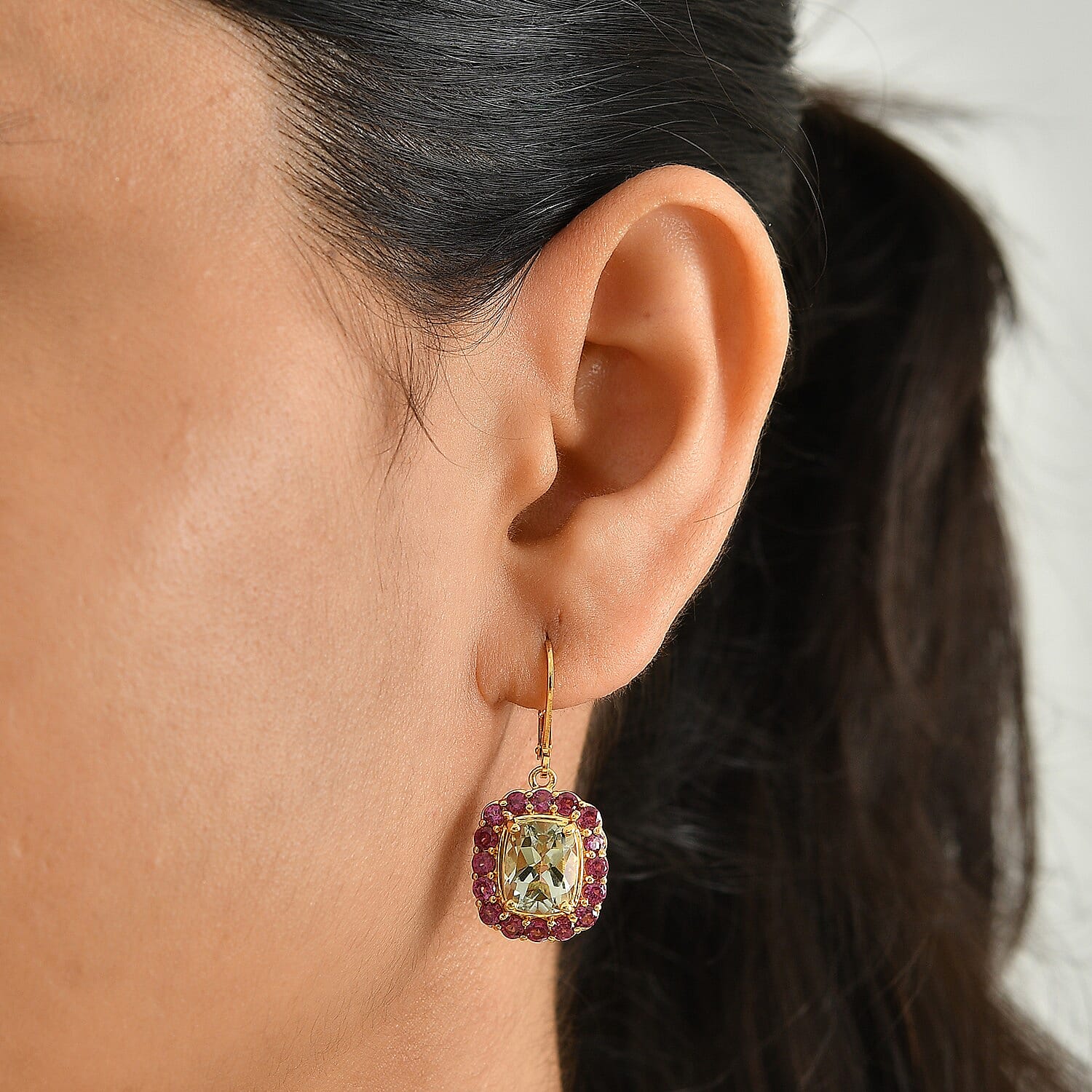 EverTrue Premium Montezuma Prasiolite and Orissa Rhodolite Garnet 8.25 ctw Earrings in 18K YG Plated