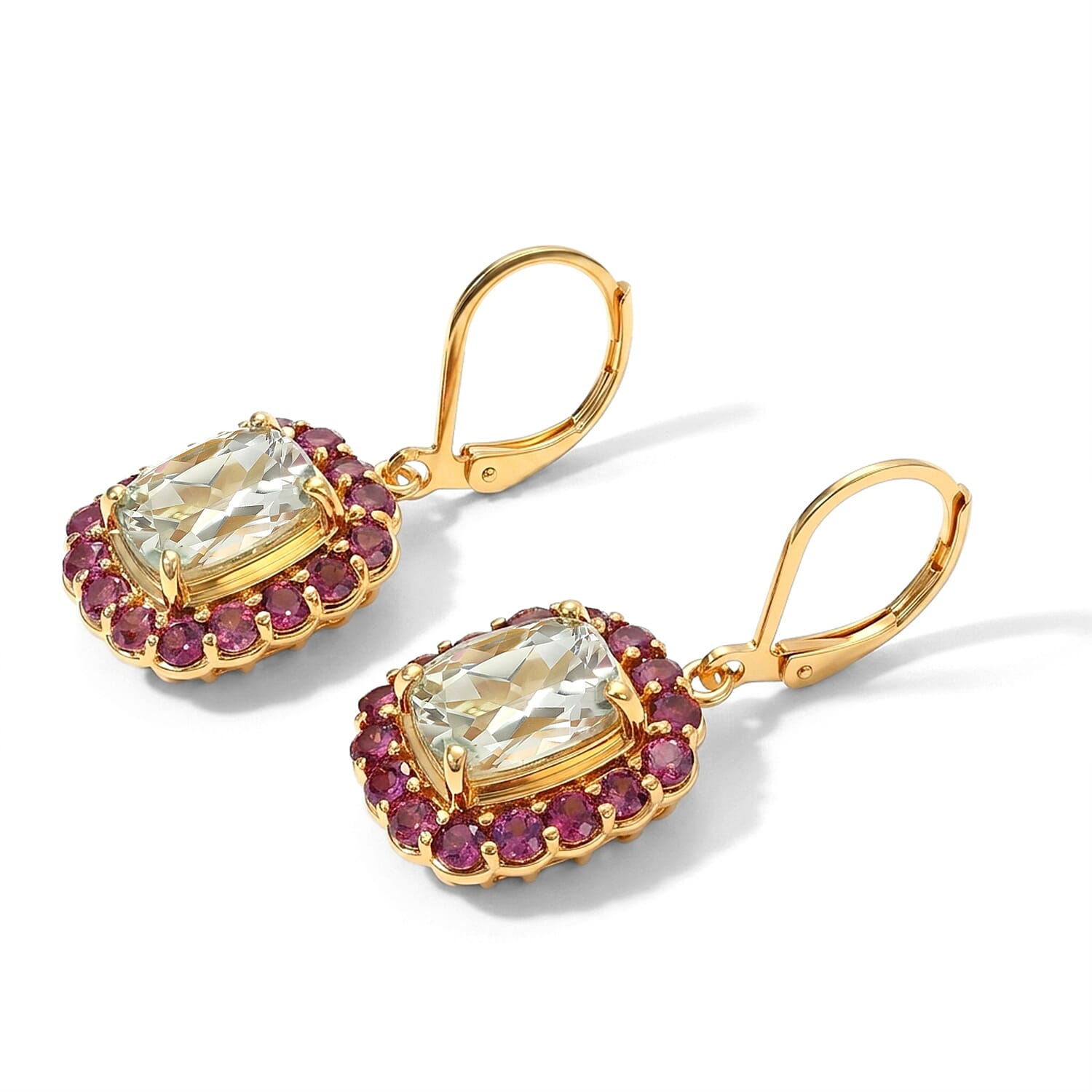 EverTrue Premium Montezuma Prasiolite and Orissa Rhodolite Garnet 8.25 ctw Earrings in 18K YG Plated